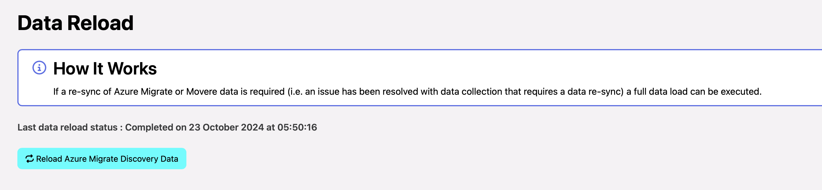 Dr Migrate Admin interface showing the Data Reload section with the reload button