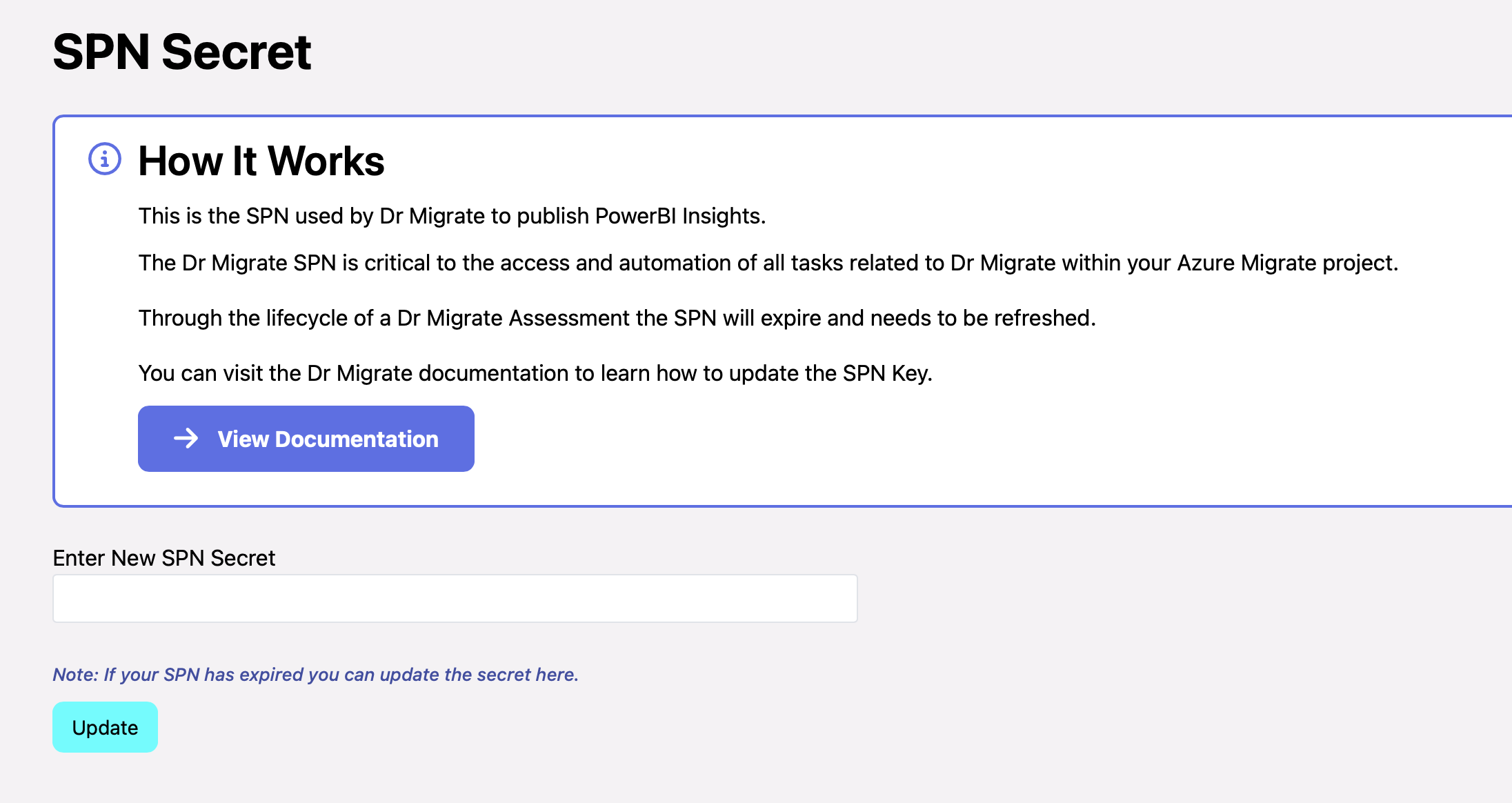 Dr Migrate Admin interface showing the Service Principal secret update form