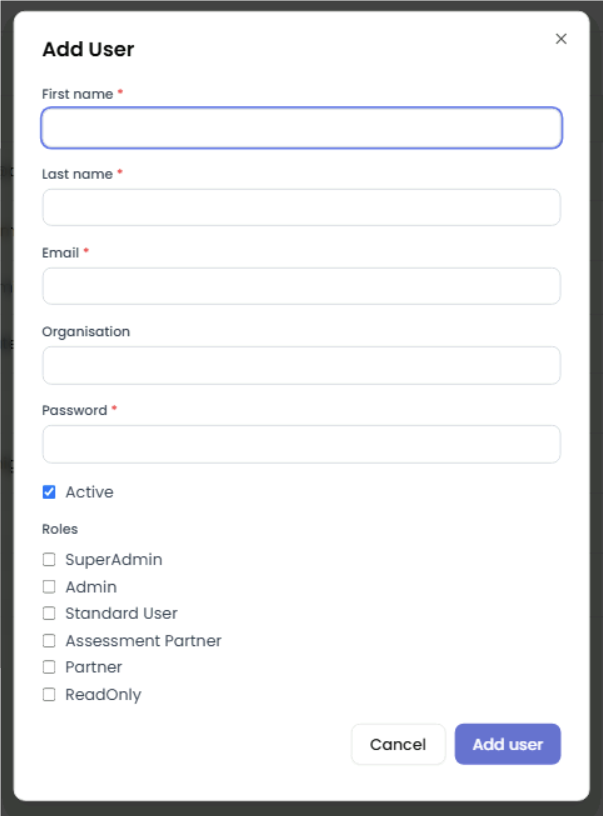 Add User dialog showing First name, Last name, Email, Organisation, Password fields and Roles checkboxes