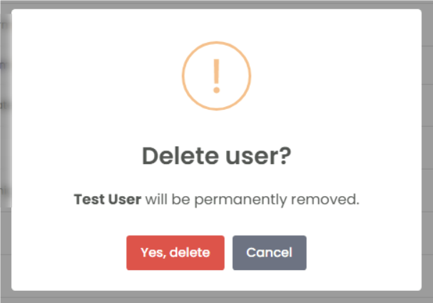 Delete user confirmation dialog warning that the user will be permanently removed