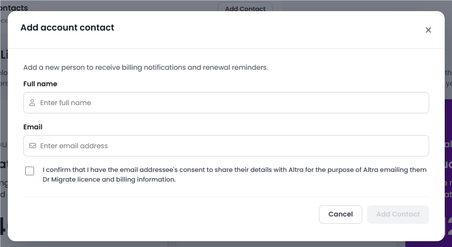 Add account contact form