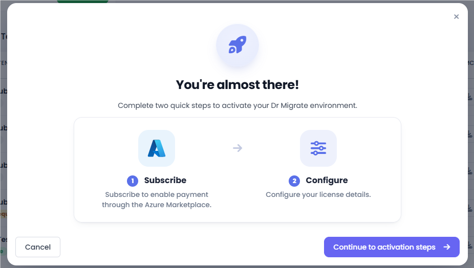 You're almost there intro screen with Subscribe and Configure steps