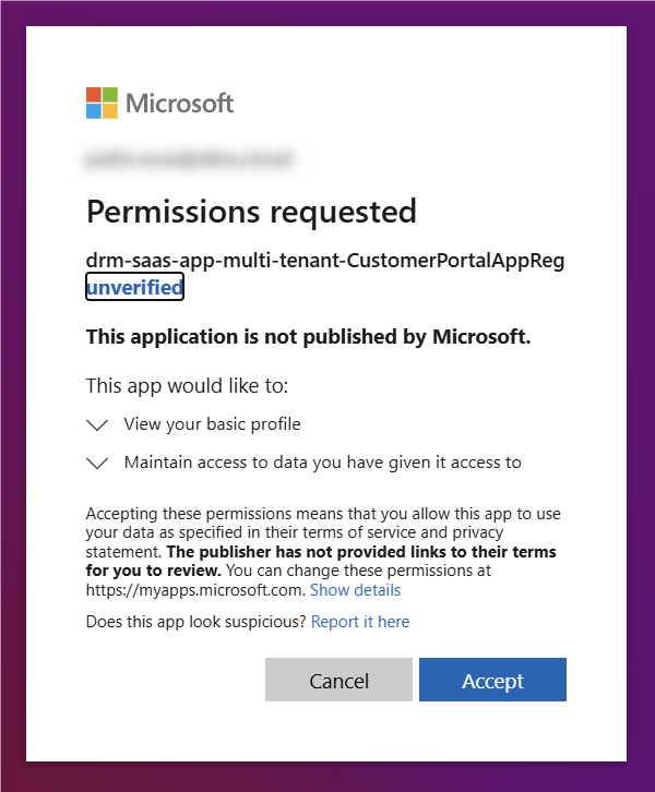 Microsoft Permissions requested dialog - click Accept to continue