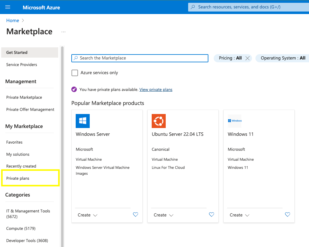 Azure Marketplace Private Plans